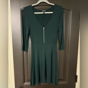 Express V Neck Front Zipper Mini A-Line Dress | Size S | Dark Green | worn twice
